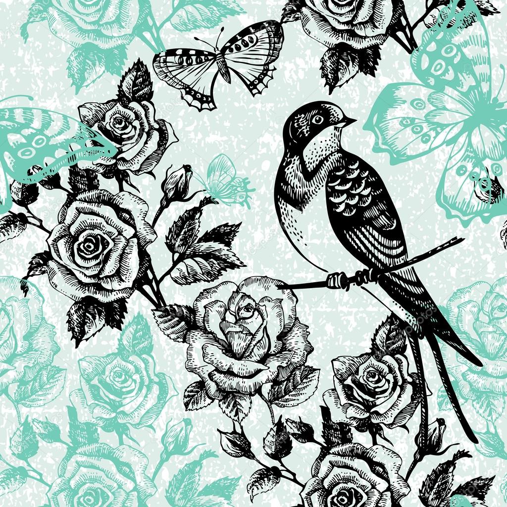 Vintage seamless floral pattern. Hand drawn illustration with bi