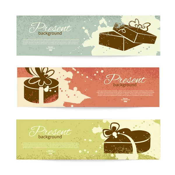 Conjunto de pancartas vintage con fondo presente con caja de regalo. Ve. — Vector de stock