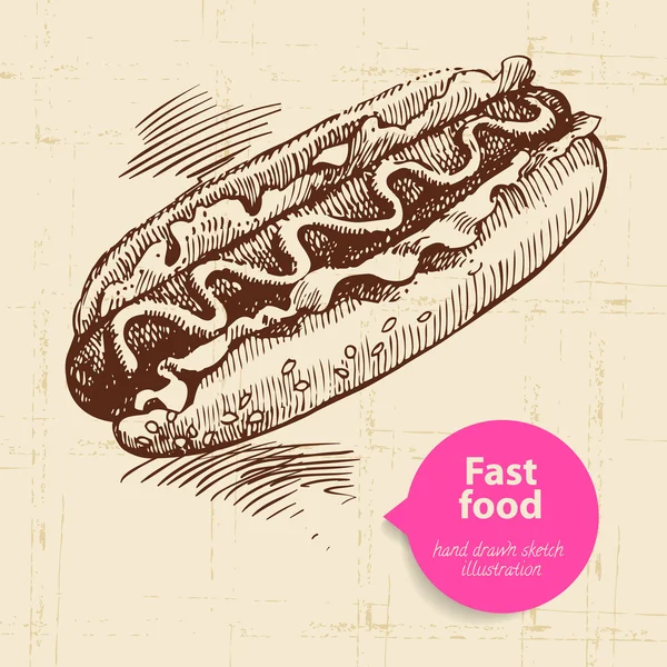 Vintage sfondo fast food con bolla di colore. Illustrazione disegnata a mano — Vettoriale Stock