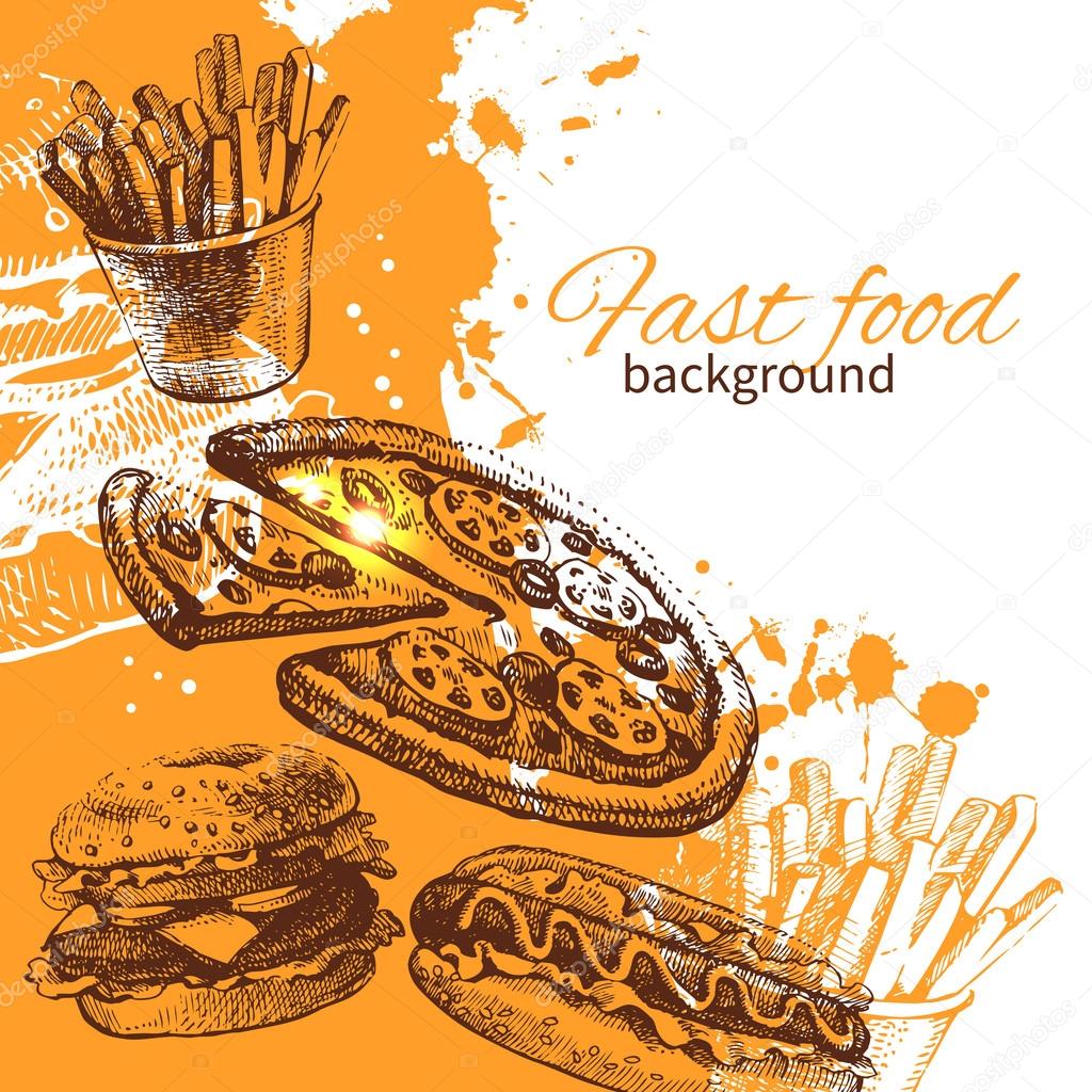 Vintage fast food background. Hand drawn illustration