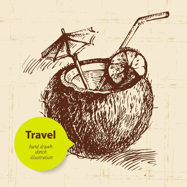 Fondo de viaje vintage con cóctel de coco. Ilustre dibujado a mano — Archivo Imágenes Vectoriales