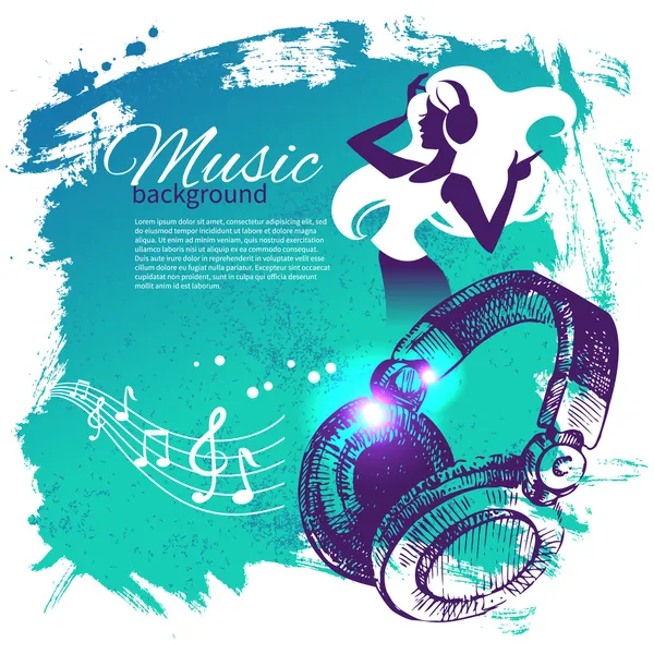 Music background with hand drawn illustration and dance girl sil — Stock Vector