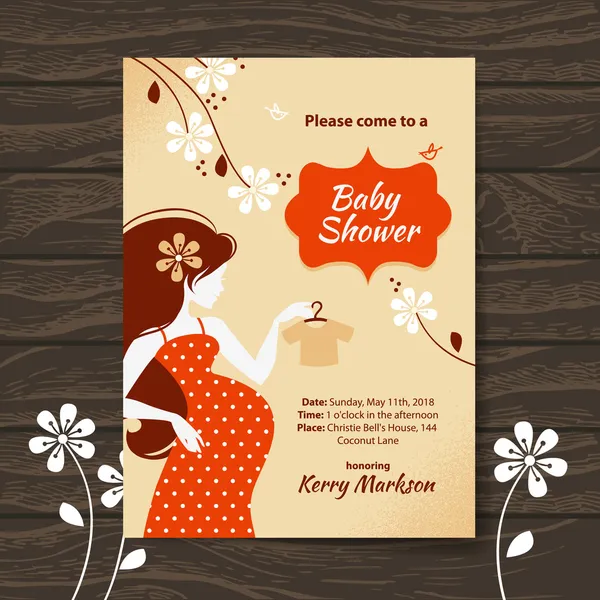 Vintage baby shower invitation with beautiful pregnant woman — Stock Vector