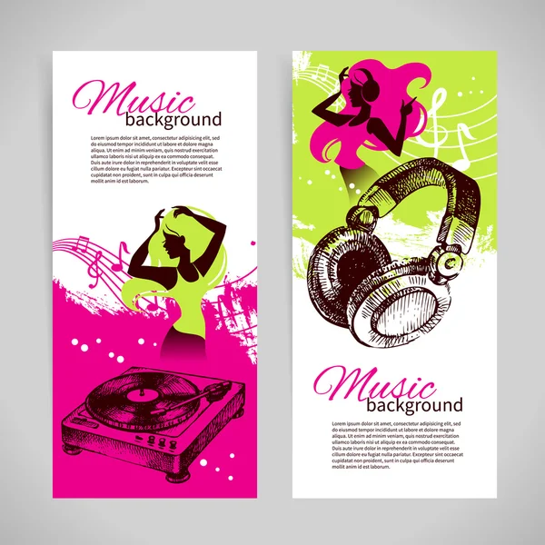 Music banners with hand drawn illustration and dance girl silhouette — Stock Vector