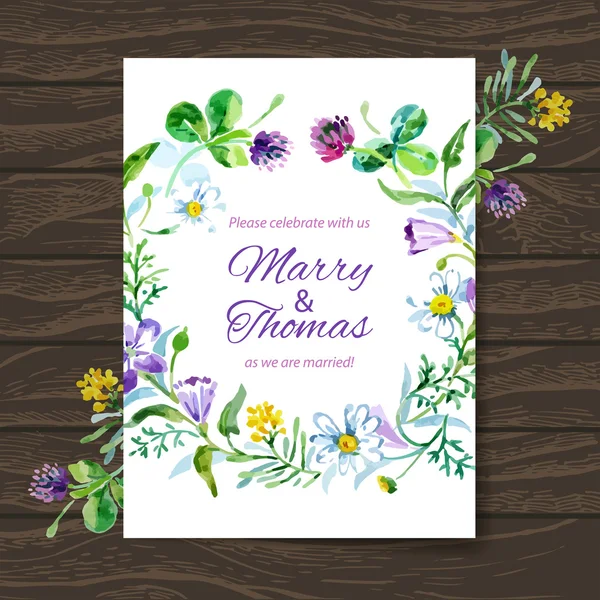 水彩画の花の花束と結婚式の招待カード. — ストックベクタ