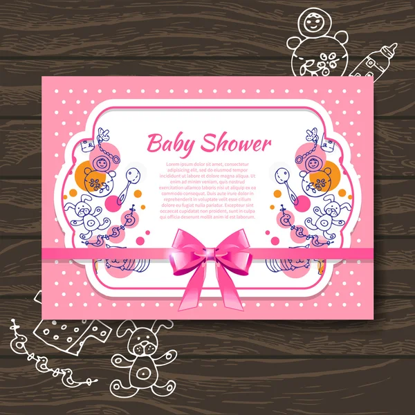 Sweet baby shower invitation with doodle baby toys — Stock Vector