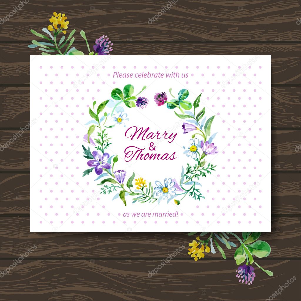 Wedding invitation card with watercolor floral bouquet.
