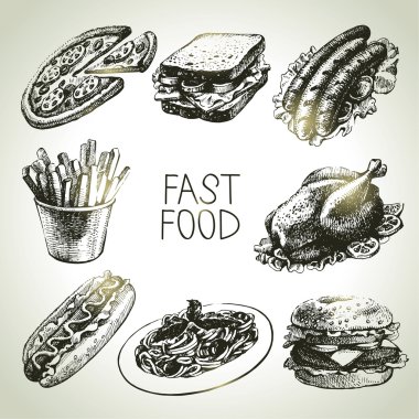 Fast food seti. El çizimi çizimleri