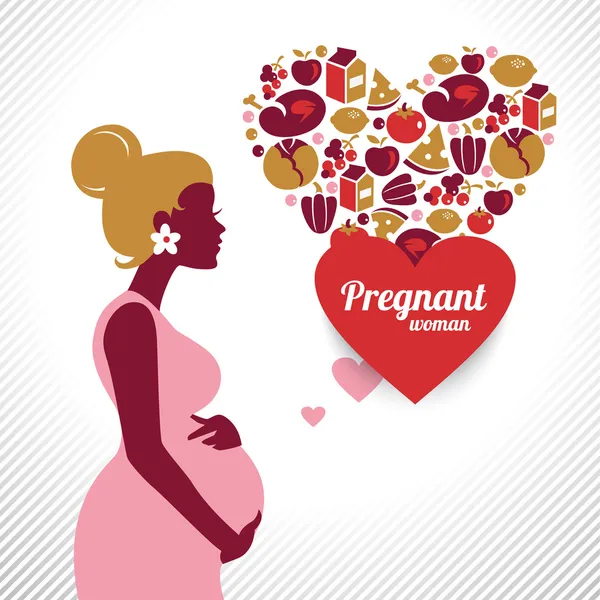 Pregnant woman silhouette. Heart shape with vector food icons — Stock Vector