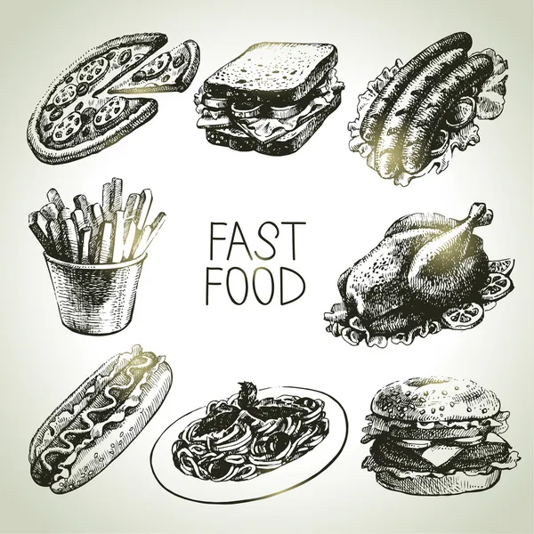 Fast food set. Hand drawn illustrations — Stock Vector