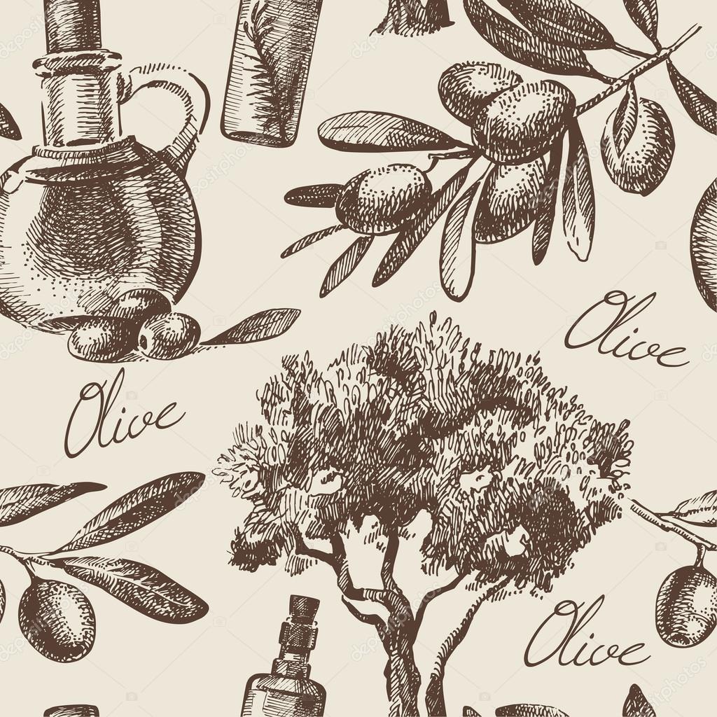 Vintage olive seamless pattern. Hand drawn illustration
