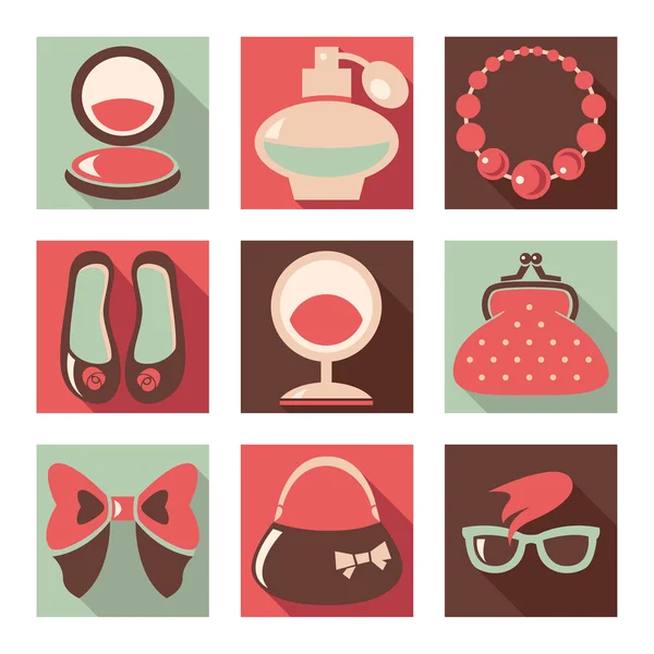 Conjunto de iconos planos de moda de mujer — Vector de stock