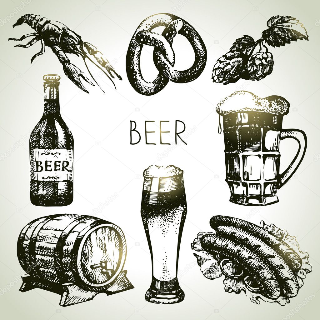 Oktoberfest set of beer. Hand drawn illustrations