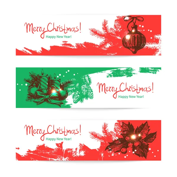 Uppsättning jul banners. hand dras illustrationer — Stock vektor