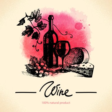Wine vintage background. Watercolor hand drawn illustration clipart