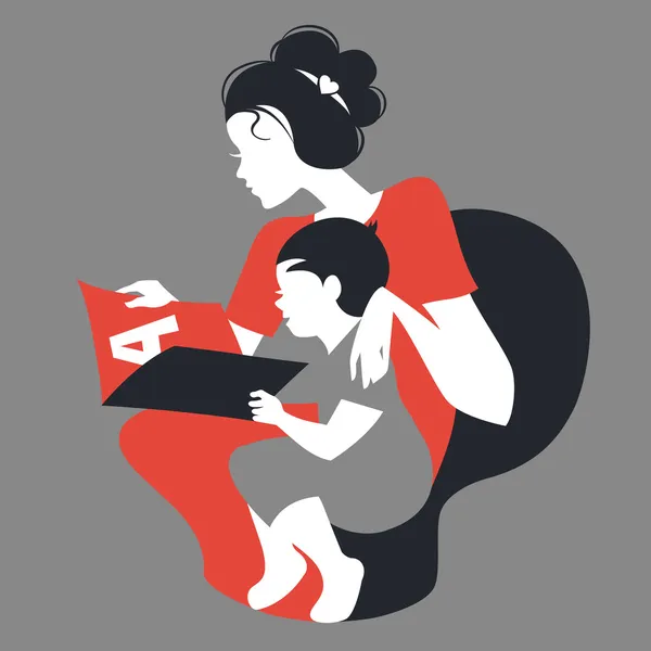 Belle silhouette de livre de lecture mère et bébé . — Image vectorielle