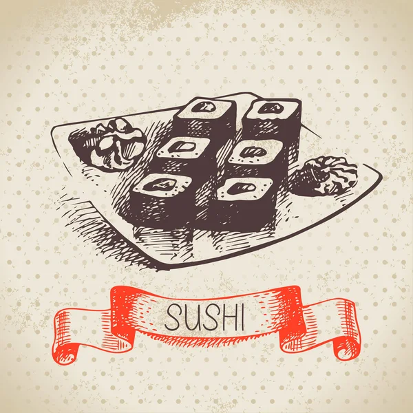 Hand drawn vintage sushi background — Stock Vector