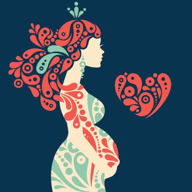 Pregnant woman silhouette with abstract decorative flowers and heart symbol clipart