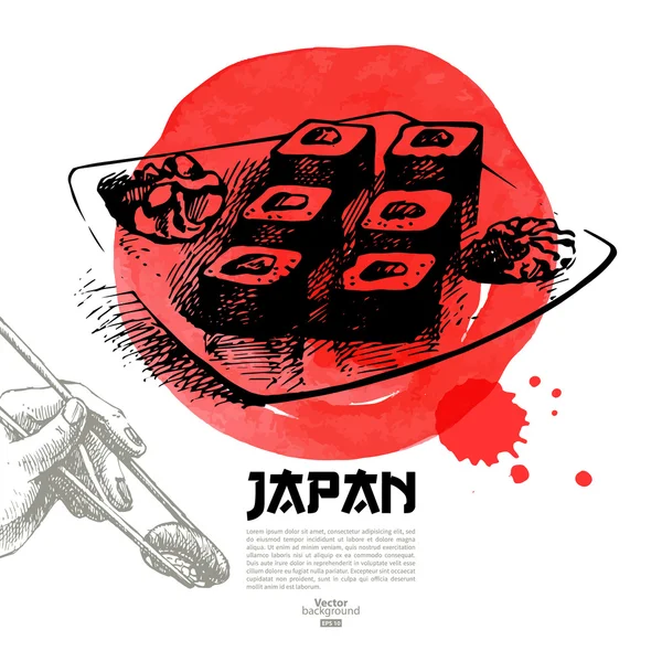 Ilustração sushi japonês desenhado à mão. Esboço e aquarela me —  Vetores de Stock