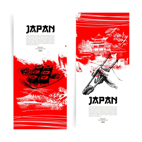 Conjunto de pancartas de sushi japonés. Ilustraciones de bocetos para el menú — Vector de stock