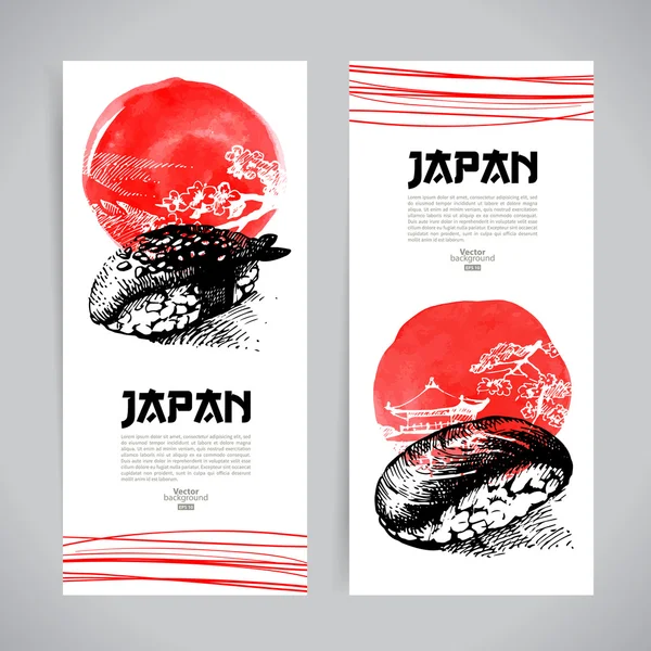 Conjunto de pancartas de sushi japonés. Ilustraciones de bocetos para el menú — Vector de stock