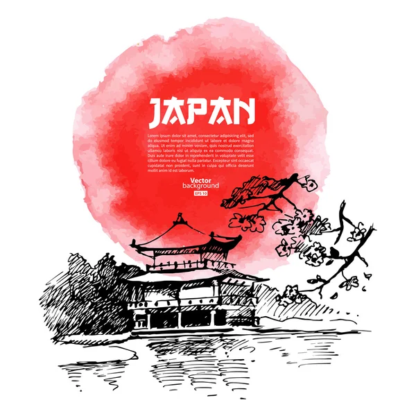 Illustration japonaise dessinée à la main. Croquis et aquarelle — Image vectorielle