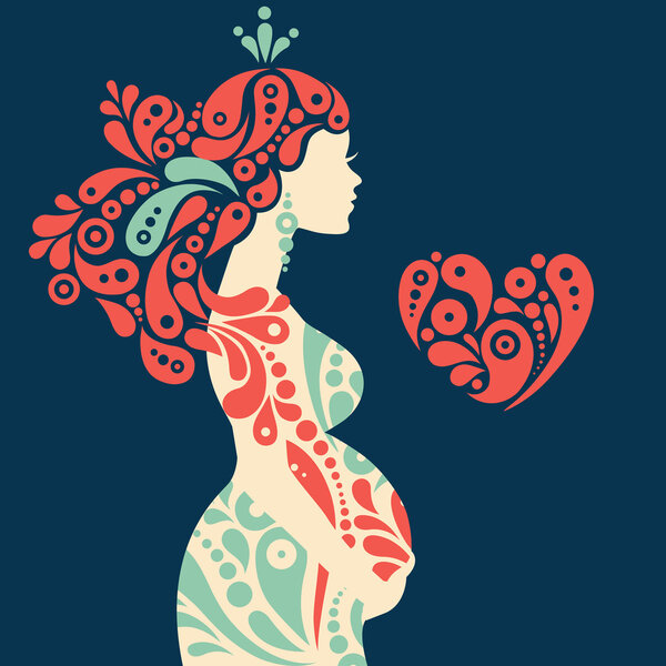 Pregnant woman silhouette with abstract decorative flowers and heart symbol