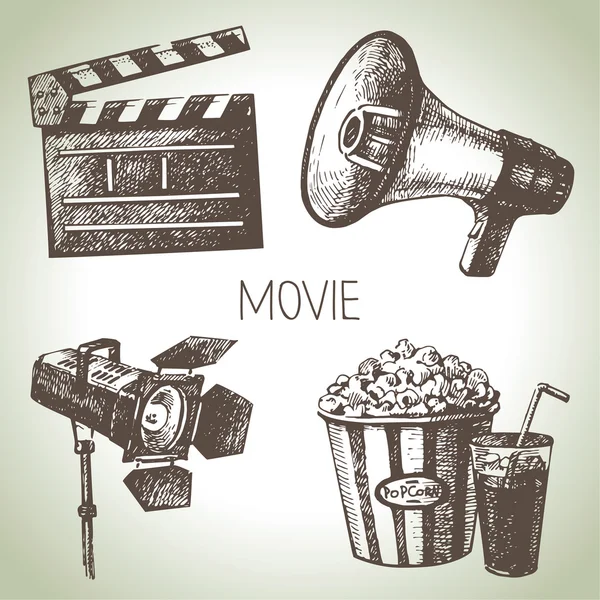 Conjunto de películas y películas. Ilustraciones vintage dibujado a mano — Vector de stock