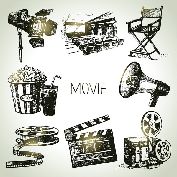 Movie and film set. Hand drawn vintage illustrations