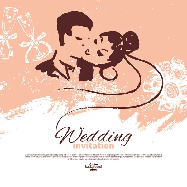 Düğün davetiye kartı. yeni evliler siluetleri ile illüstrasyon — Stok Vektör