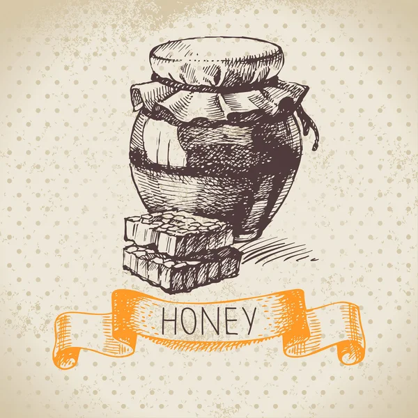 Honung bakgrund med handritad skiss illustration — Stock vektor