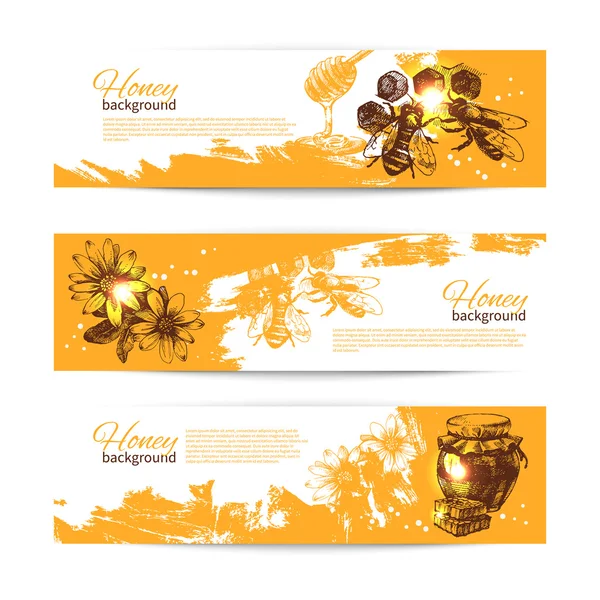 Set of honey banners with hand drawn sketch illustrations — Stock Vector