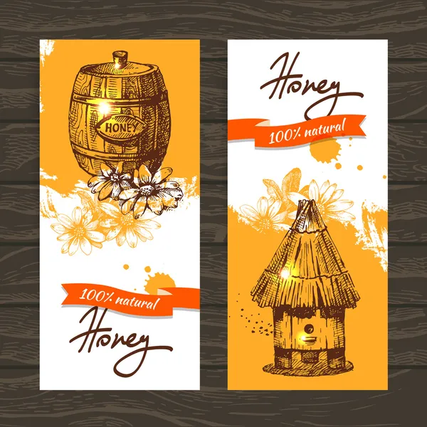 Set di striscioni di miele con illustrazioni di schizzi disegnati a mano — Vettoriale Stock