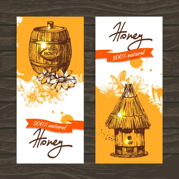 Set of honey banners with hand drawn sketch illustrations — Stock Illustration Set of honey banners with hand drawn sketch illustrations Vector Graphics