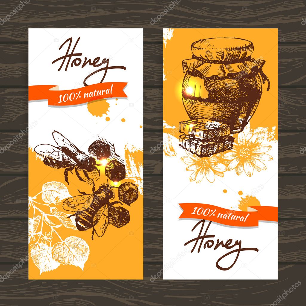 Set of honey banners with hand drawn sketch illustrations