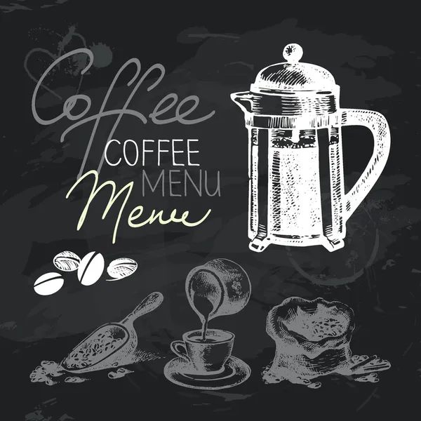 Set di design lavagna disegnato a mano caffè. Texture di gesso nero — Vettoriale Stock