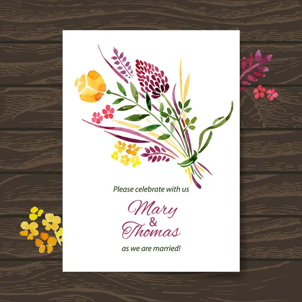 水彩画の花の花束と結婚式の招待カード — ストックベクタ