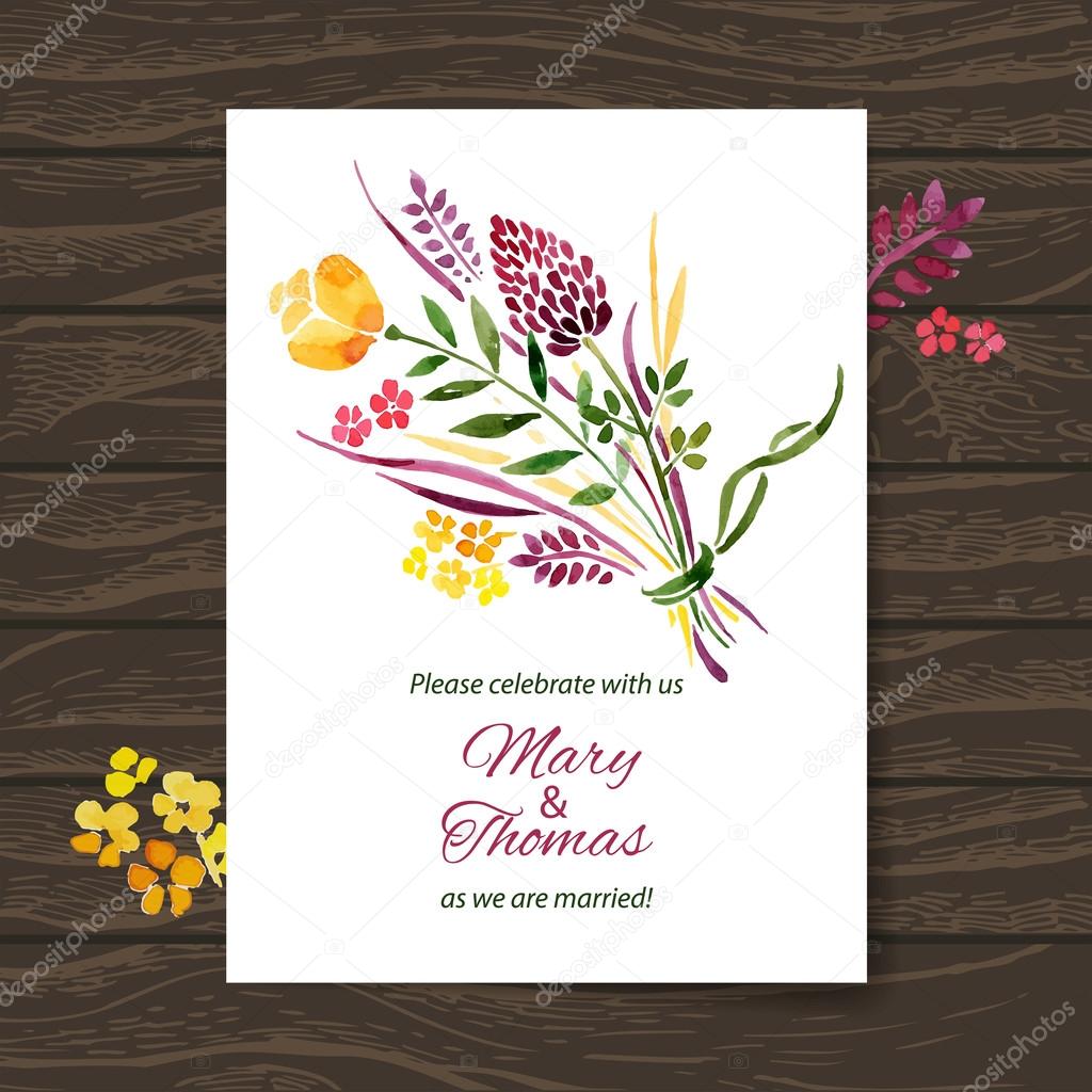 Wedding invitation card with watercolor floral bouquet