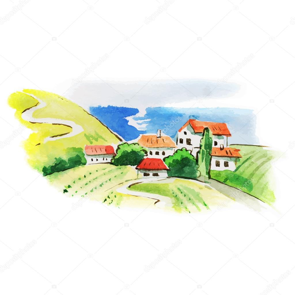 Painted watercolor vineyard landscape