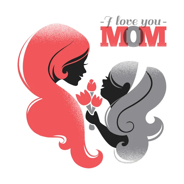 Karte des glücklichen Muttertages. Mutter Silhouette mit ihrer Tochter — Stockvektor