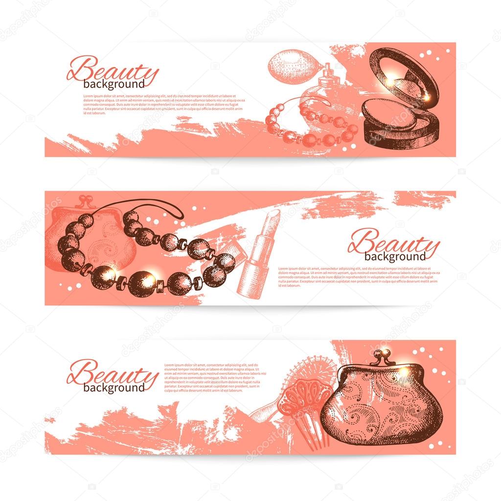 Set of beauty sketch banners. Cosmetic accessories