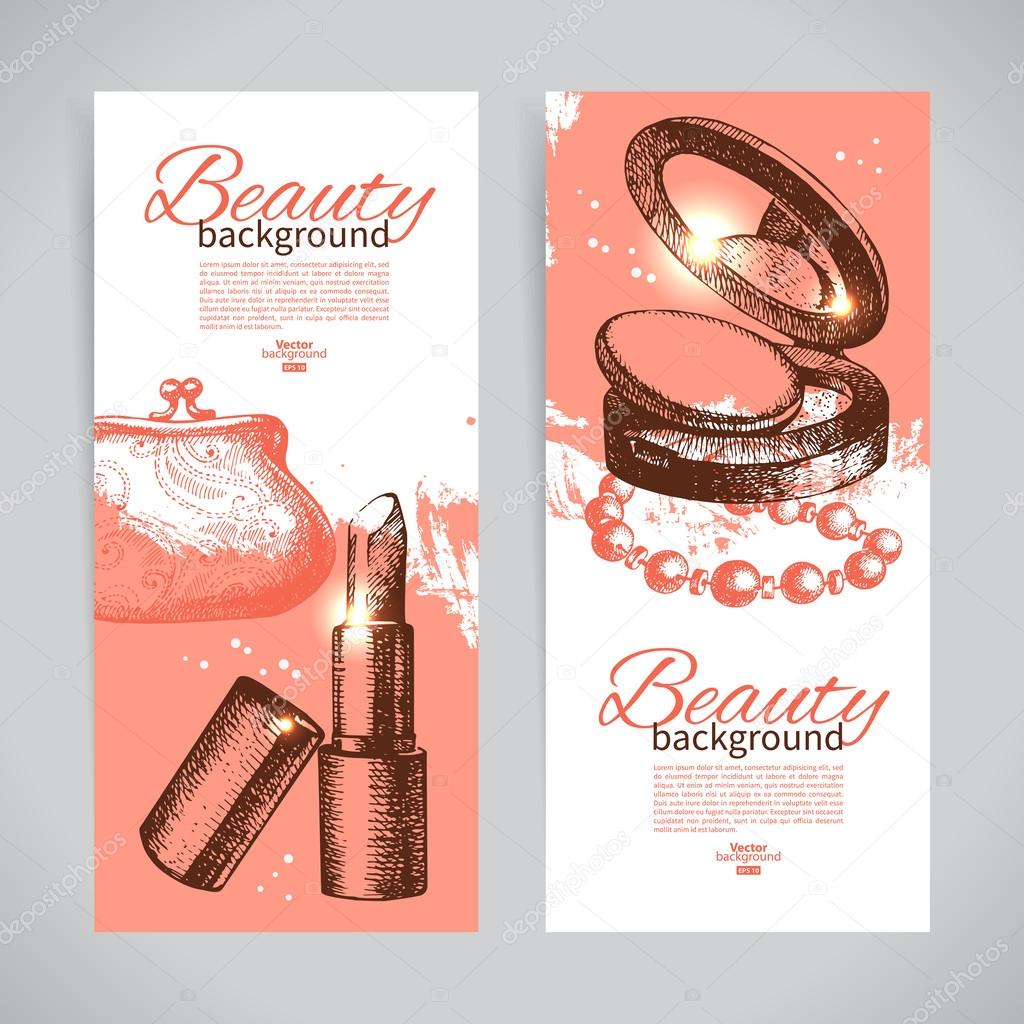 Set of beauty sketch banners. Cosmetic accessories