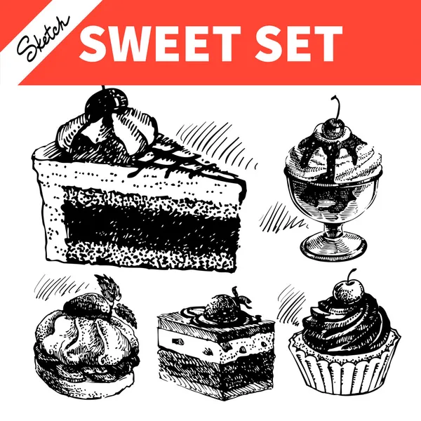 Esboço doce conjunto. Ilustrações desenhadas à mão de bolo e sorvete —  Vetores de Stock