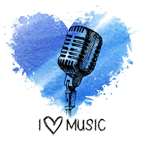 Fondo musical con salpicadura acuarela corazón y micrófono de boceto — Vector de stock