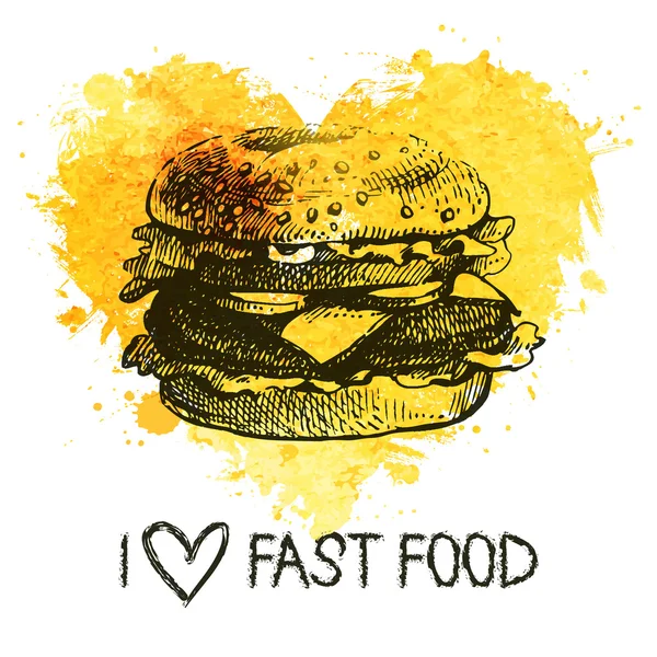 Fast Food Hintergrund mit Spritzer Aquarell Herz. — Stockvektor