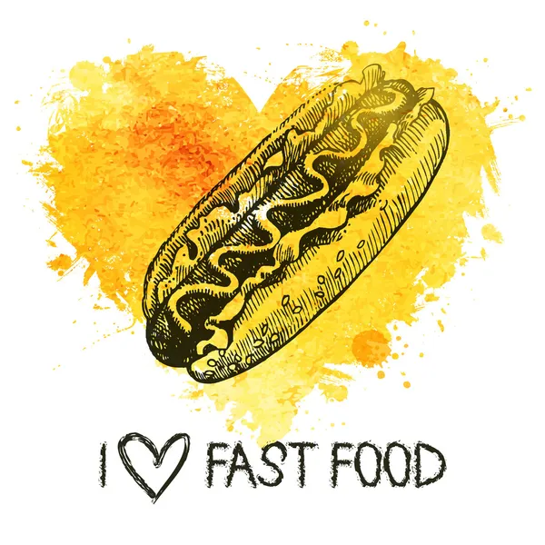 Fast-food achtergrond met plons aquarel hart. — Stockvector