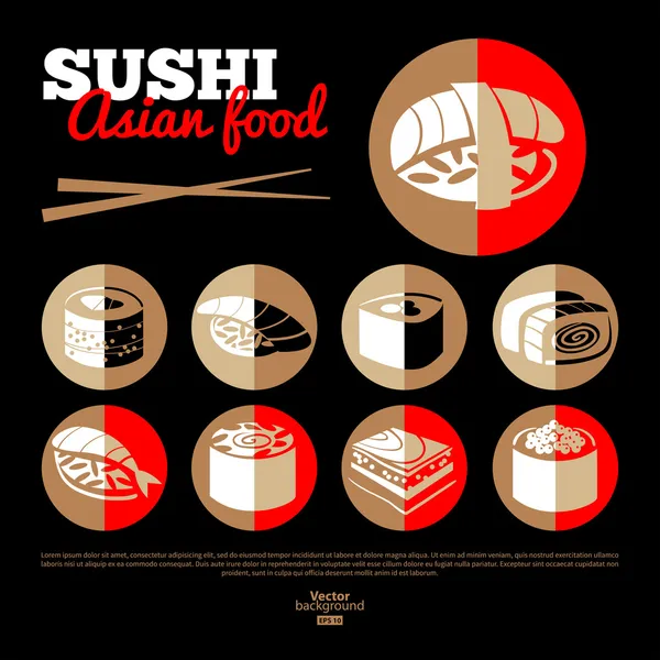 Japan sushi. Aziatisch eten. platte pictogrammenset. — Stockvector