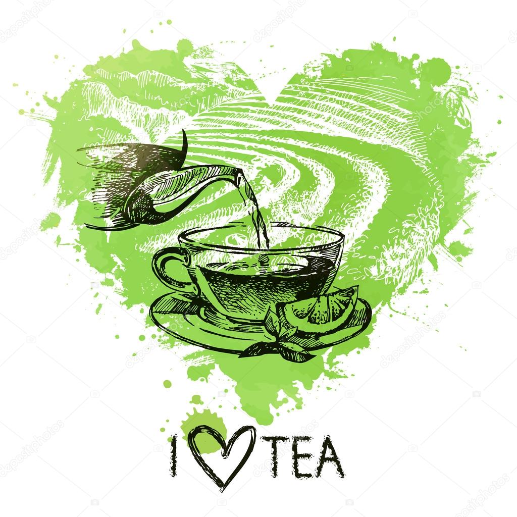 Tea background with splash watercolor heart and sketch