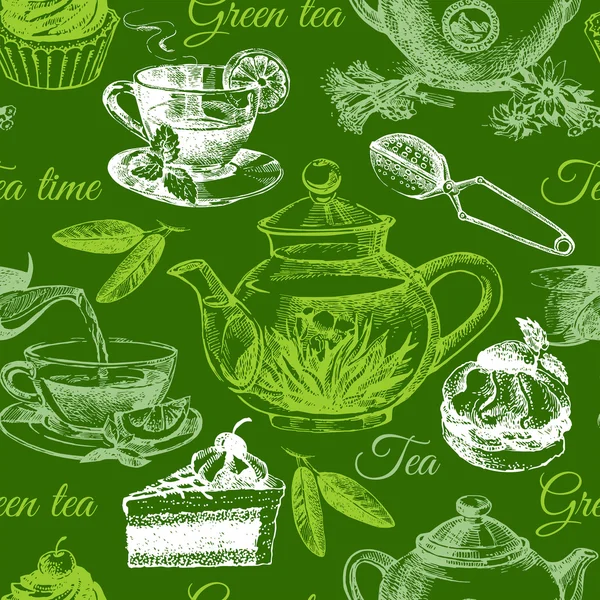 お茶とケーキのシームレスなパターン — ストックベクタ