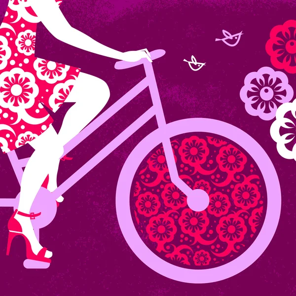 Silhouet van mooi meisje op fiets — Stockvector